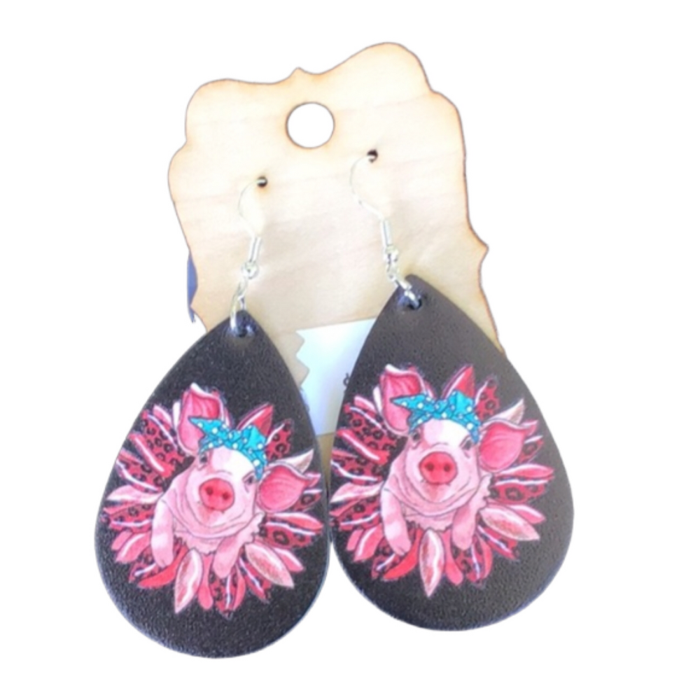 Pig in Sunflower Dangle Earrings (74jj)